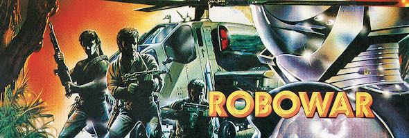 Soldiers in front of a chopper, gold letters ROBOWAR
