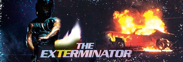 A burning car and a muscular man pointing a flamethrower in The Exterminator, a movie by James Glickenhaus.